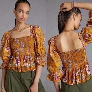 Anthropologie Conditions Apply Marigold Floral Smocked Sweetheart Blouse Size XL